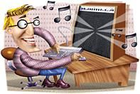 Oldschool clipart or newspaper style charactacture of an artist working on audio on a sound monitor.